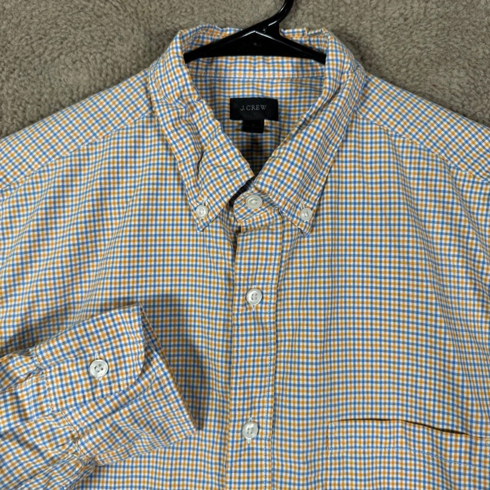 J. Crew Button Down Shirt‎ Mens Medium Orange Blue Gingham Plaid Cotton Office